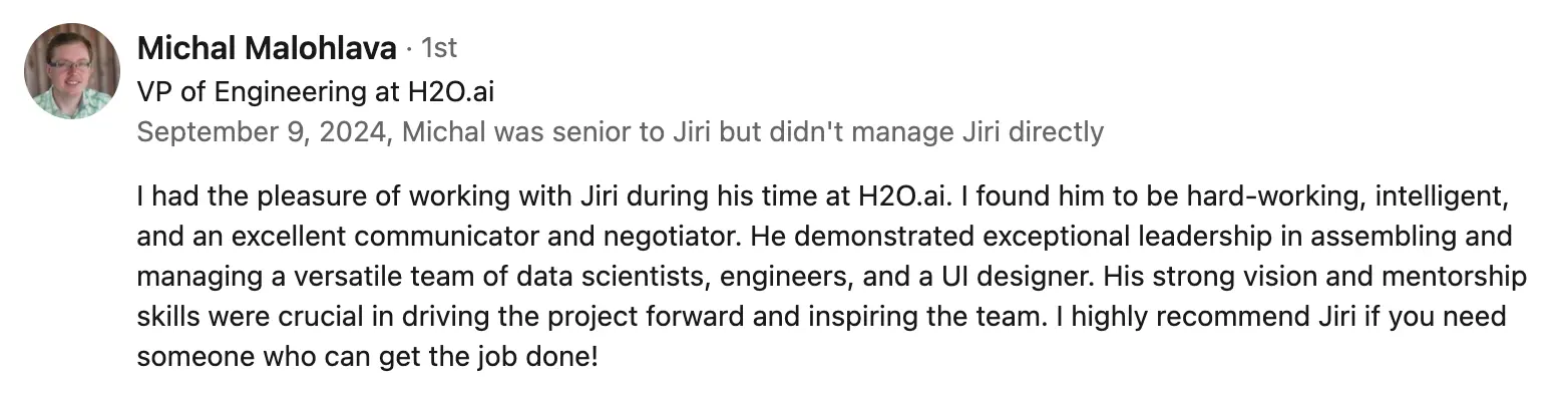 LinkedIn recommendation from Michal Malohlava